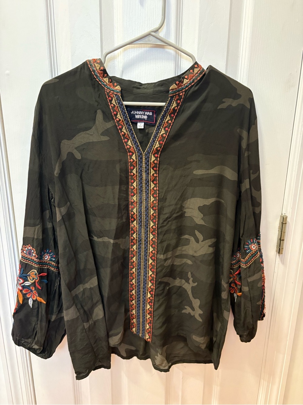 Johnny Was Olive Camo Embroidered Popover Shirt